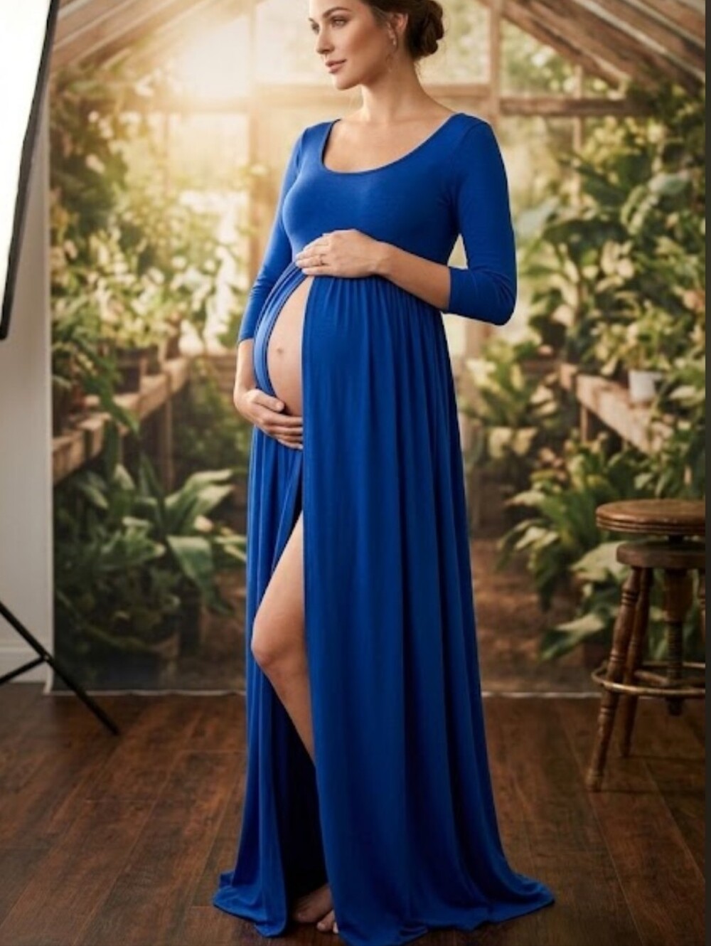 Maternity Open Belly Maxi Dress Perfect for Photo Shoots in Blue Fits Med-Large